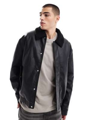 ASOS DESIGN - Blouson Harrington en imitation cuir rembourré avec col en imitation peau de mouton - Noir