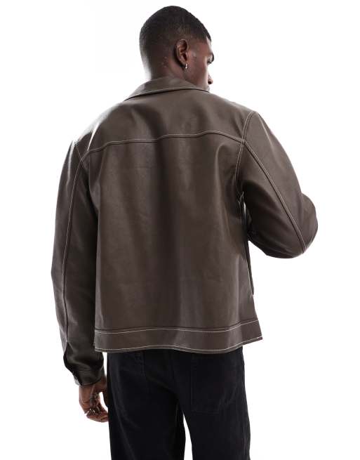 ASOS DESIGN - Blouson Harrington en similicuir à coutures contrastantes - Marron, 3 de 4