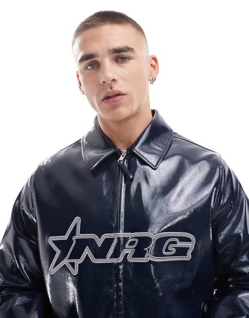ASOS DESIGN - Blouson Harrington imitation cuir ultra brillant avec broderie - Bleu marine, 3 de 4