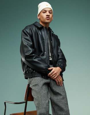 ASOS DESIGN - Blouson Harrington matelassé oversize en similicuir - Noir - view 1