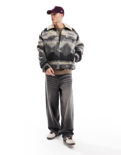 ASOS DESIGN - Blouson Harrington oversize aspect laine à imprimé géométrique - Gris - view 1