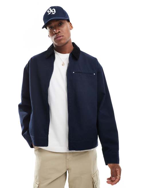 ASOS DESIGN - Blouson Harrington oversize avec col en velours côtelé - Bleu marine