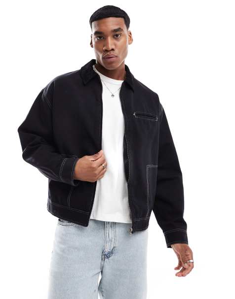 ASOS DESIGN - Blouson Harrington oversize coupe carrée avec coutures contrastantes et col en velours côtelé - Noir - view 1