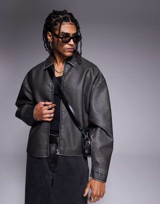 ASOS DESIGN - Blouson Harrington oversize coupe carrée imitation cuir - Noir délavé