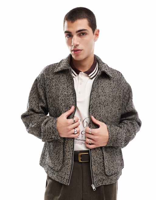 ASOS DESIGN - Blouson Harrington oversize en imitation laine à carreaux - Marron poivre et sel