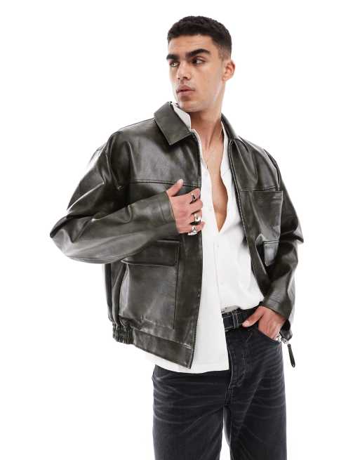ASOS DESIGN - Blouson Harrington oversize en similicuir effet usé - Vert foncé