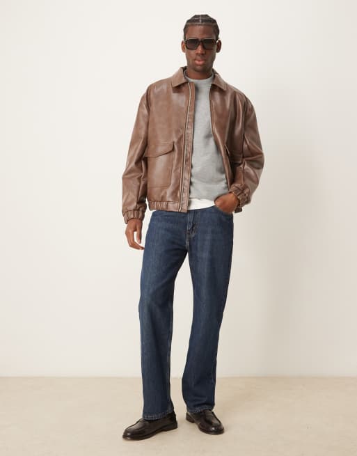 ASOS DESIGN - Blouson Harrington oversize en similicuir - Marron vieilli