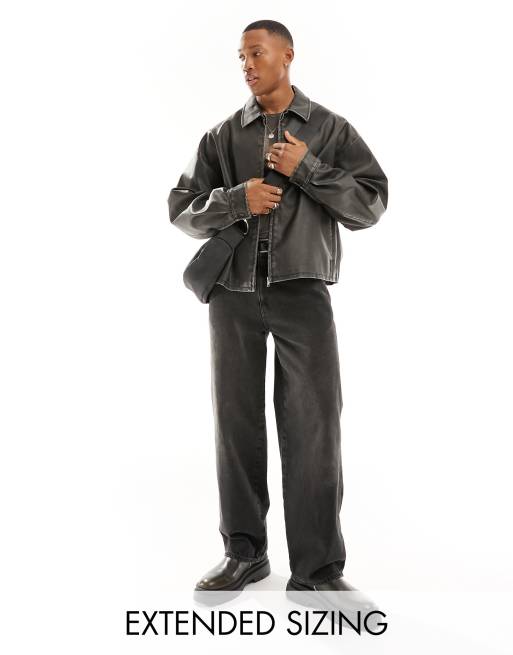 ASOS DESIGN - Blouson Harrington oversize en similicuir - Noir délavé