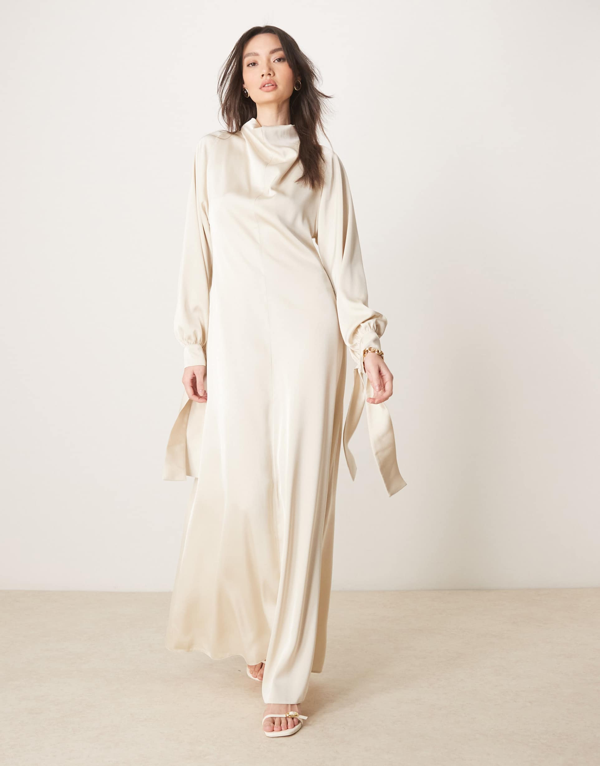 asos design blouson high neck maxi dress in oyster