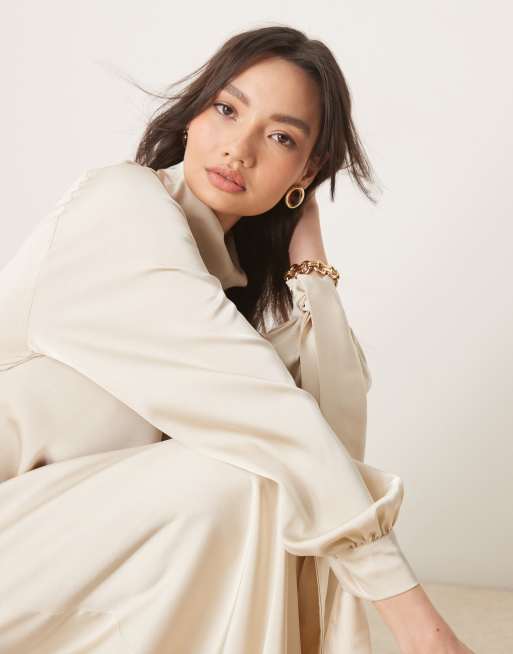 ASOS DESIGN blouson high neck maxi dress in oyster