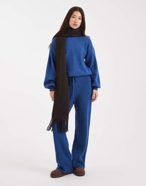 ASOS DESIGN blouson jumper with tie hem & ribbed wide leg knitted trouser co-ord in dark blue - view 1