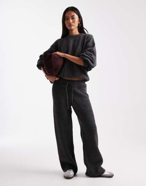 ASOS DESIGN blouson jumper with tie hem & ribbed wide leg knitted trouser co-ord in grey - view 1