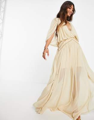 ASOS DESIGN blouson maxi dress with chain strap detail-Neutral