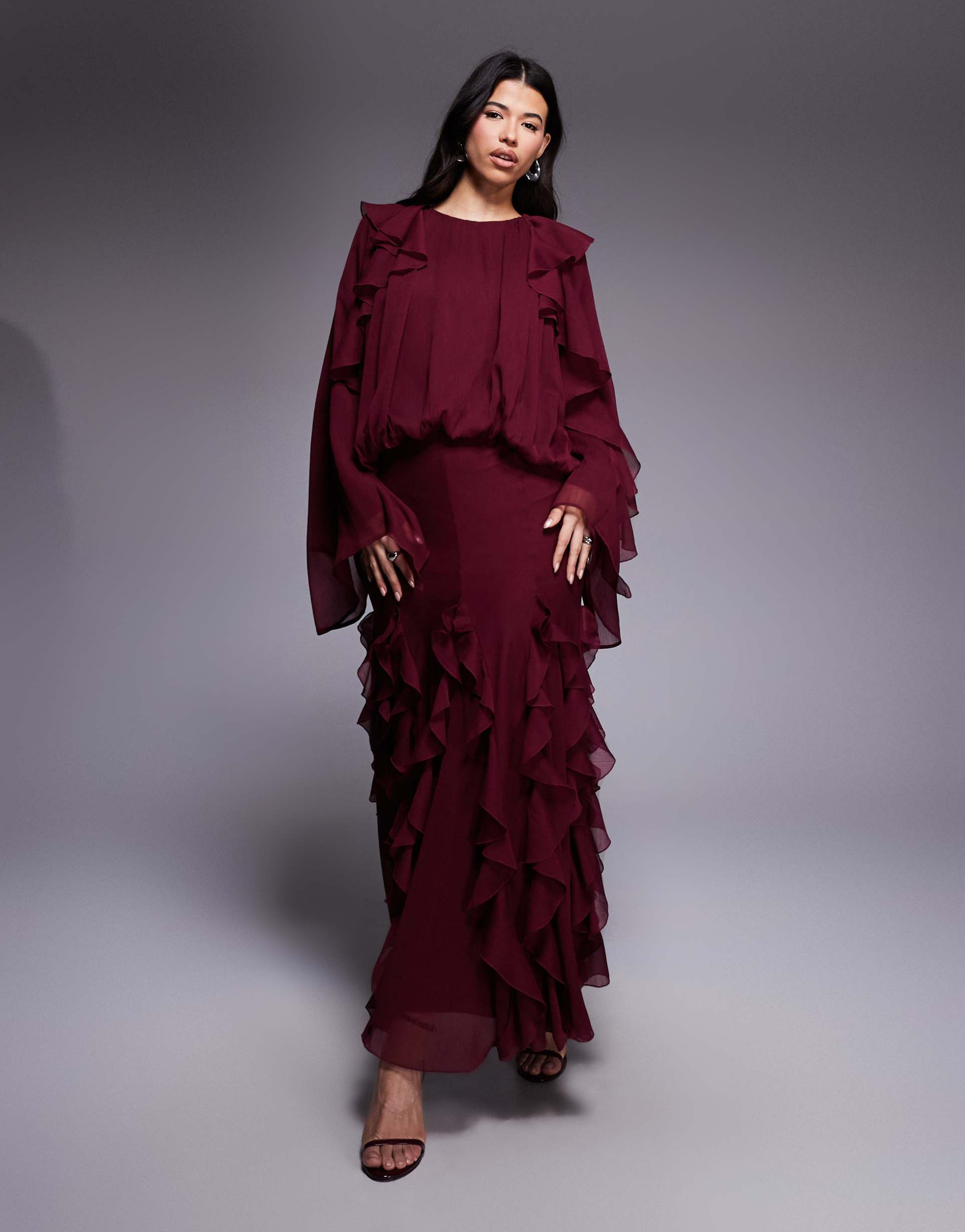 asos design blouson maxi dress with waterfall ruffle skirt in mulberry