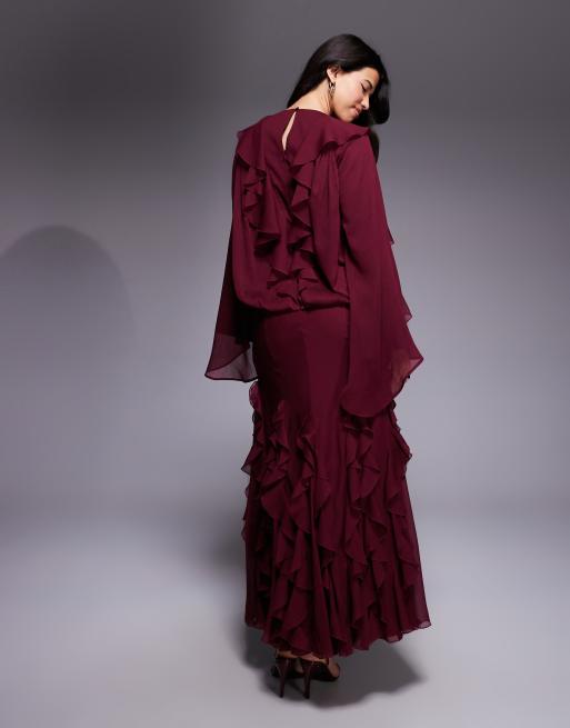 ASOS DESIGN blouson maxi dress with waterfall ruffle skirt in mulberry, 3 of 4