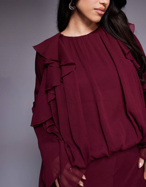 ASOS DESIGN blouson maxi dress with waterfall ruffle skirt in mulberry, 4 of 4