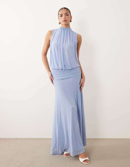 ASOS DESIGN – Blouson-Maxikleid aus Netzstoff in Pastellblau mit gerafftem Rock mit tief angesetzter Taille, 4 von 4