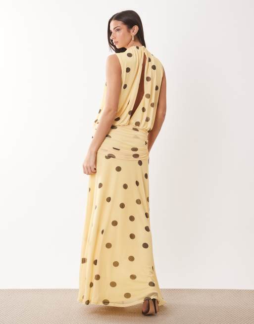 ASOS DESIGN – Blouson-Maxikleid aus Netzstoff in Zitronengelb mit Polka-Dot-Muster und gerafftem Rock mit tief angesetzter Taille, 4 von 4
