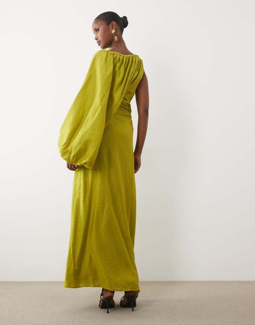 ASOS DESIGN – Blouson-Maxikleid in Limettengrün mit One-Shoulder-Design und Zierausschnitt in der Taille, 3 von 4