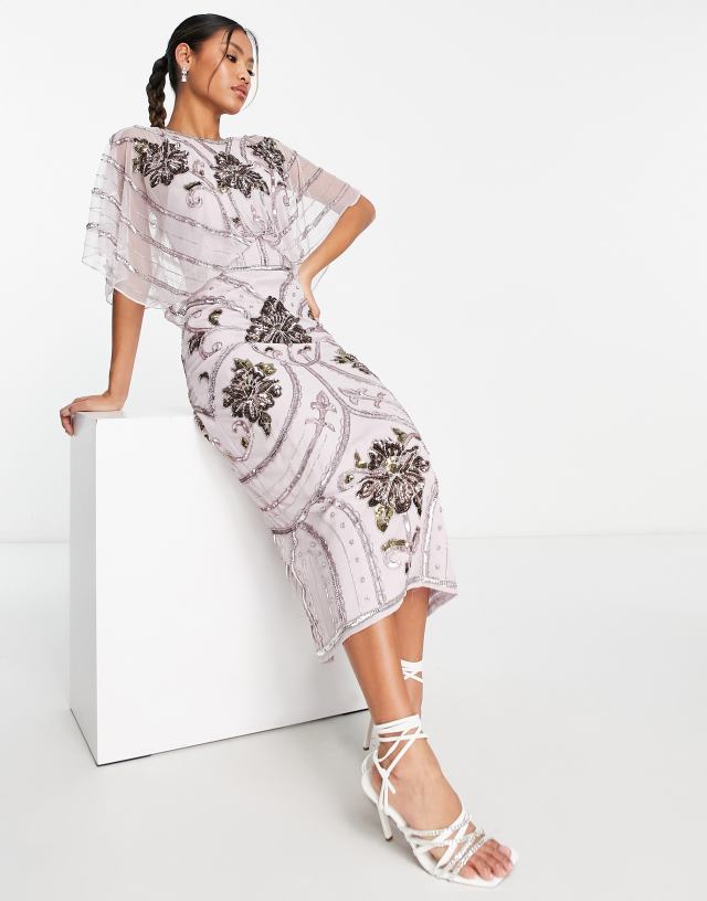 ASOS DESIGN Blouson midi dress with art nouveau embellishment in lilac