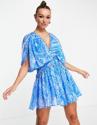 ASOS DESIGN blouson mini dress with chain strapping detail in blue  floral-Multi