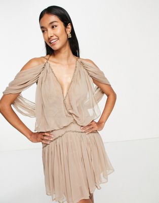 ASOS DESIGN blouson mini dress with chain strapping detail in stone