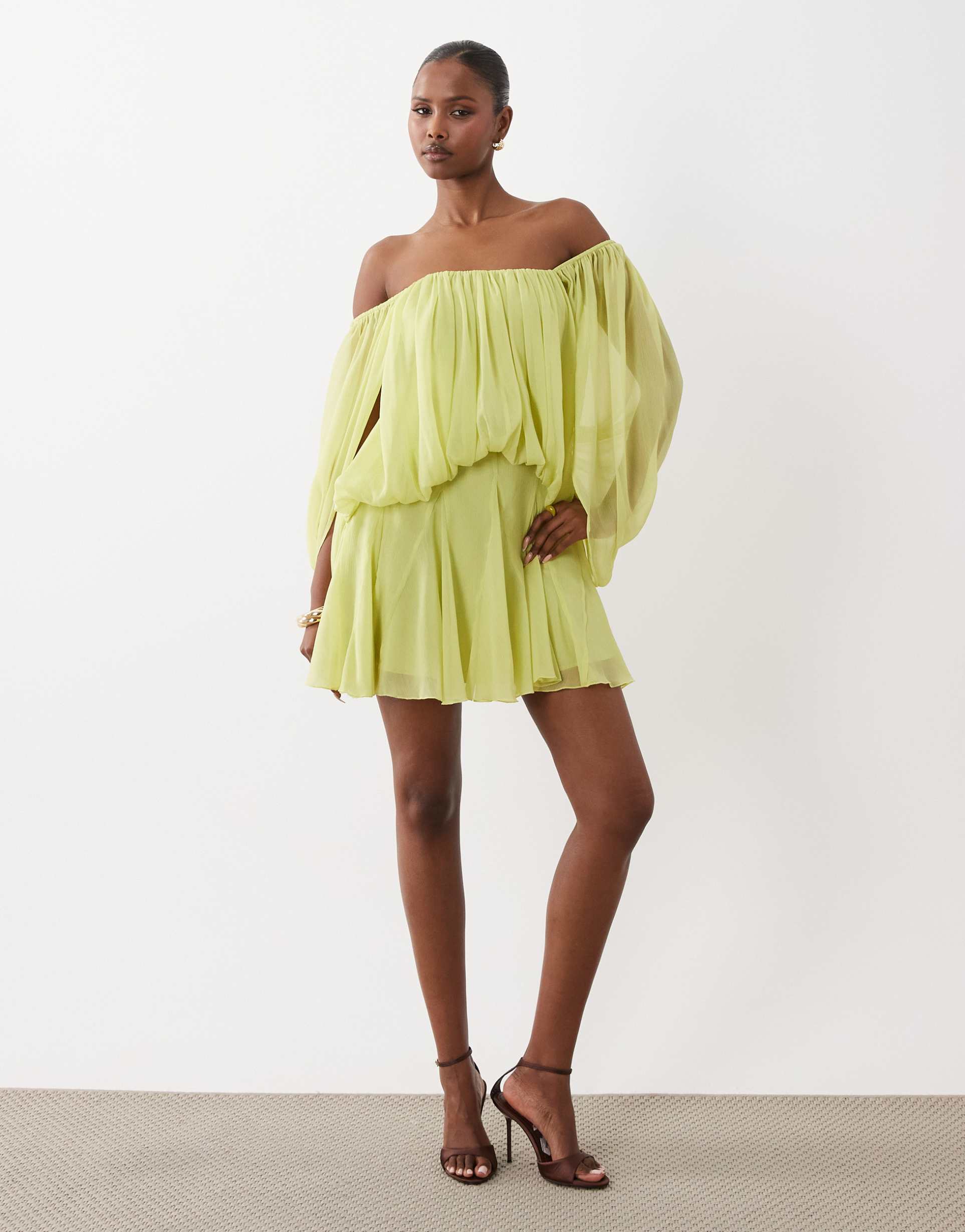 asos design blouson mini dress with split sleeve and volume godet skirt in chartreuse
