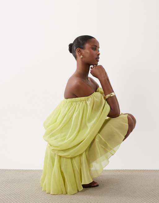 ASOS DESIGN blouson mini dress with split sleeve and volume godet skirt in chartreuse, 2 of 4