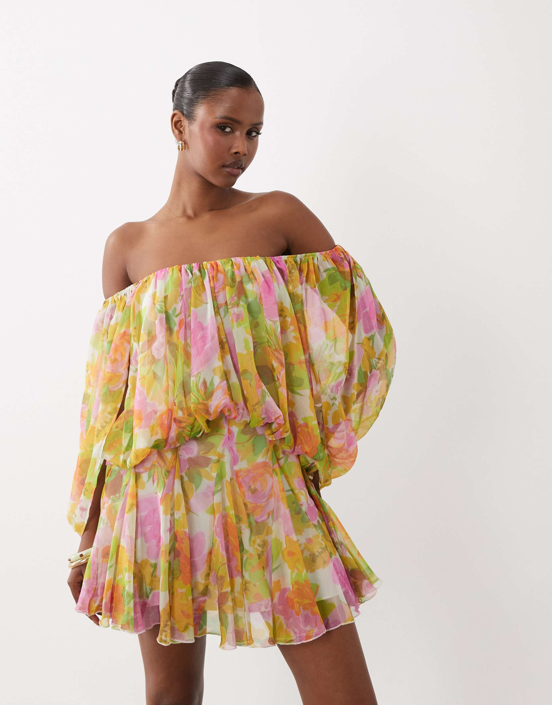 asos design blouson mini dress with split sleeve and volume godet skirt in floral print