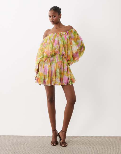 ASOS DESIGN blouson mini dress with split sleeve and volume godet skirt in summer floral print, 4 of 4