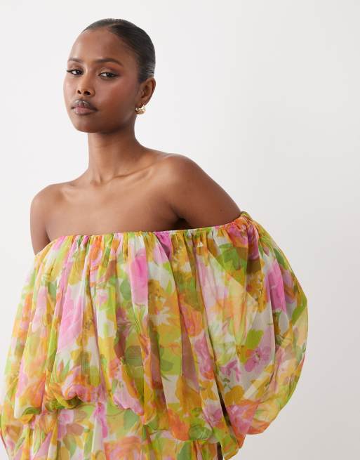 ASOS DESIGN - Blouson-minikjole med ærmeslidser og voluminøst skørt med kiler i blomsterprint, 2 af 4