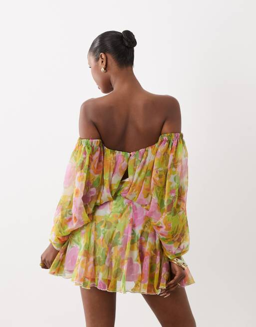 ASOS DESIGN - Blouson-minikjole med ærmeslidser og voluminøst skørt med kiler i blomsterprint, 3 af 4