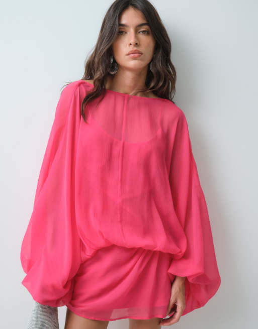 ASOS DESIGN Blouson-Minikleid mit Fledermausärmeln und tiefer Taille in Pink, 3 von 5