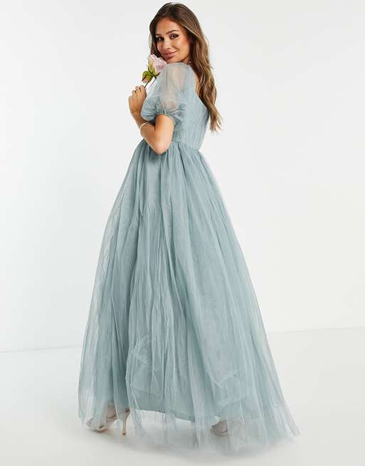 ASOS DESIGN blouson off shoulder tulle puff sleeve maxi dress in dusty sage