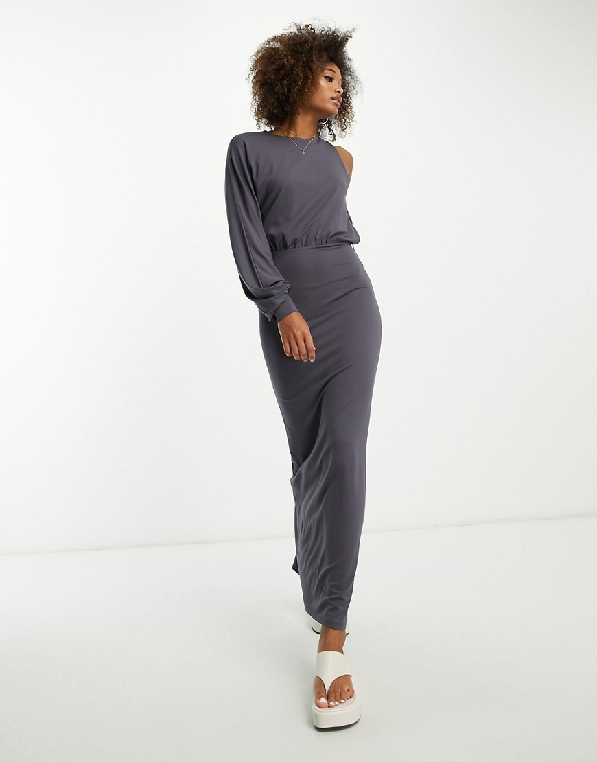 ASOS DESIGN blouson one sleeve maxi dress with tie side in charcoal-Grey