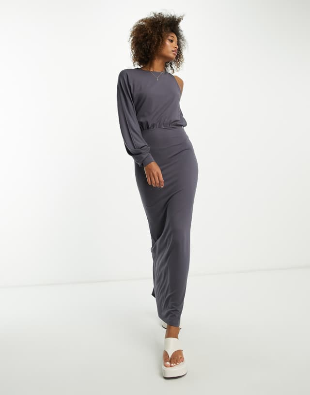 ASOS DESIGN blouson one sleeve maxi dress with tie side in charcoal