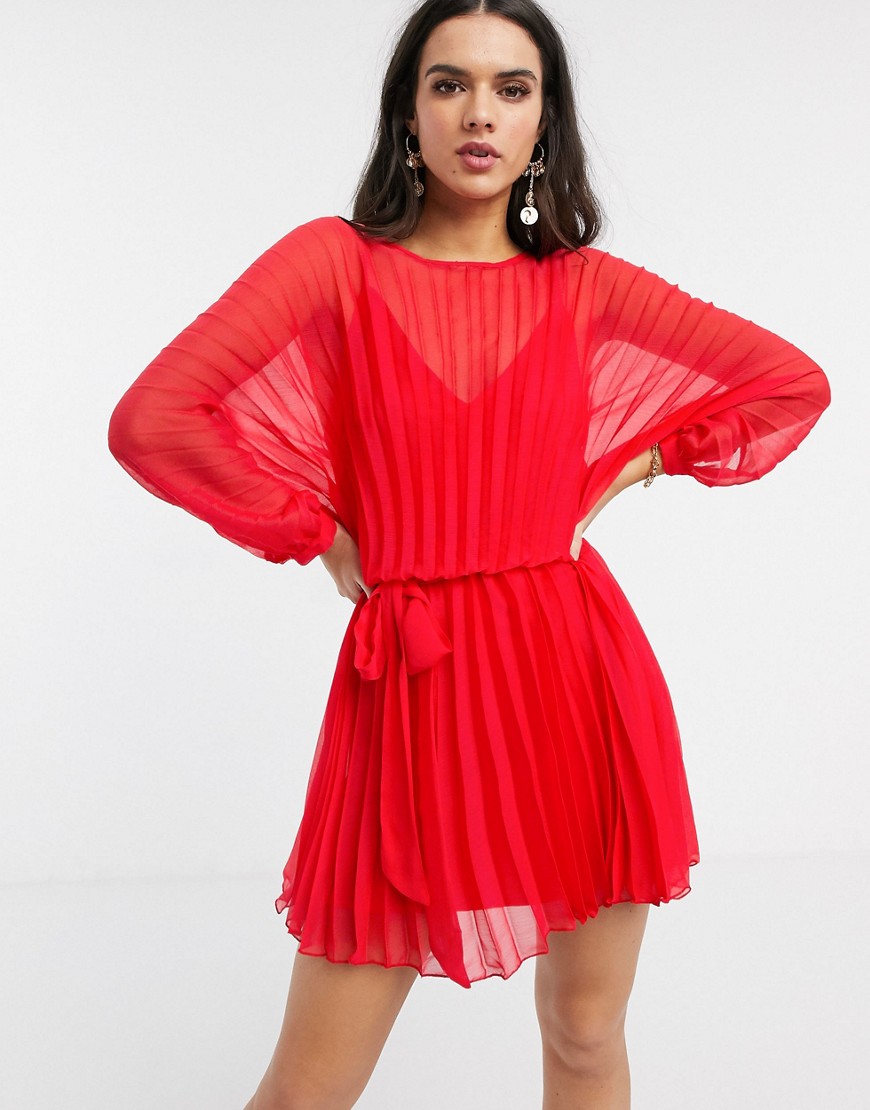 ASOS DESIGN blouson pleated mini dress with self belt-Red
