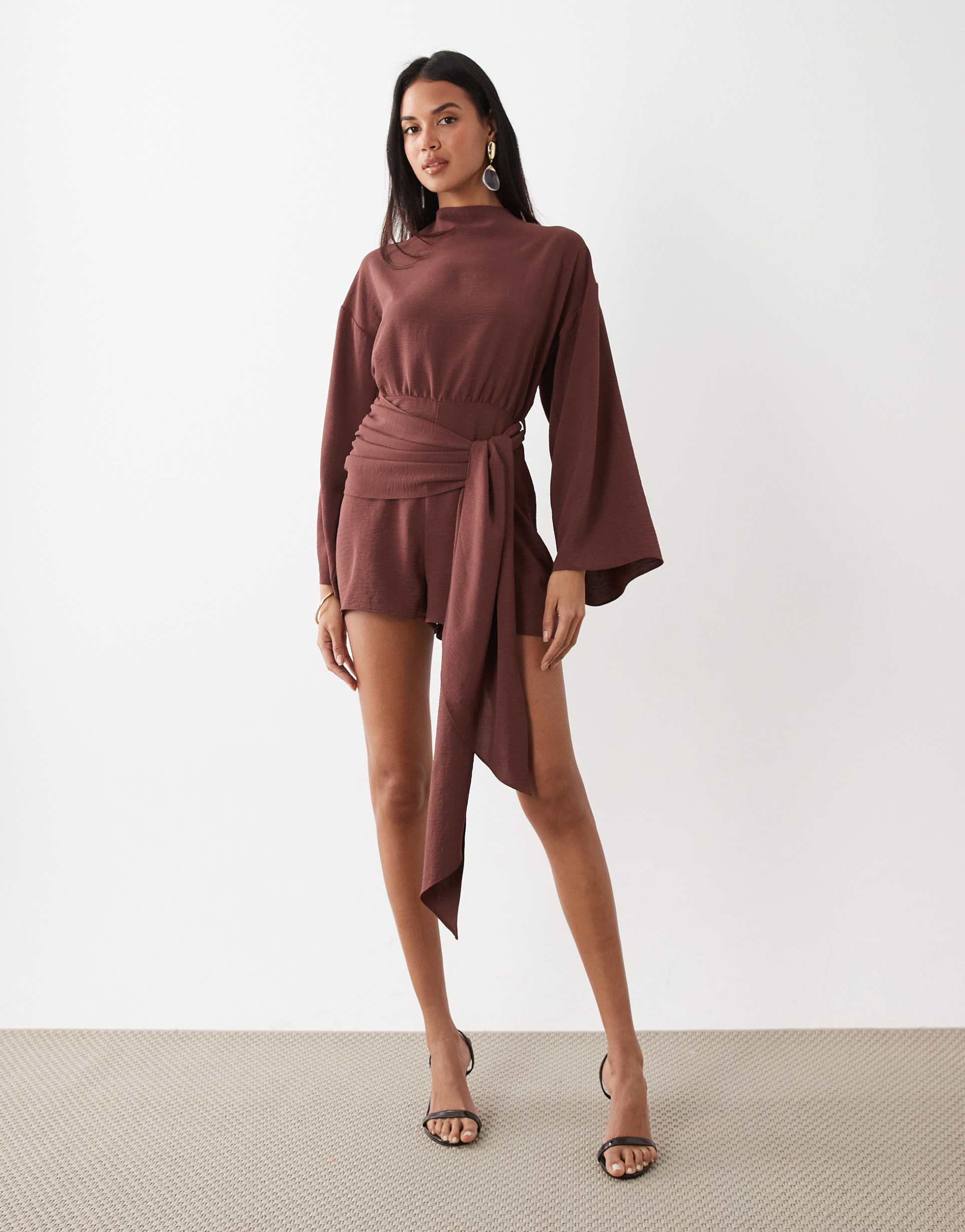 asos design blouson romper with tie waist detail in chocolate