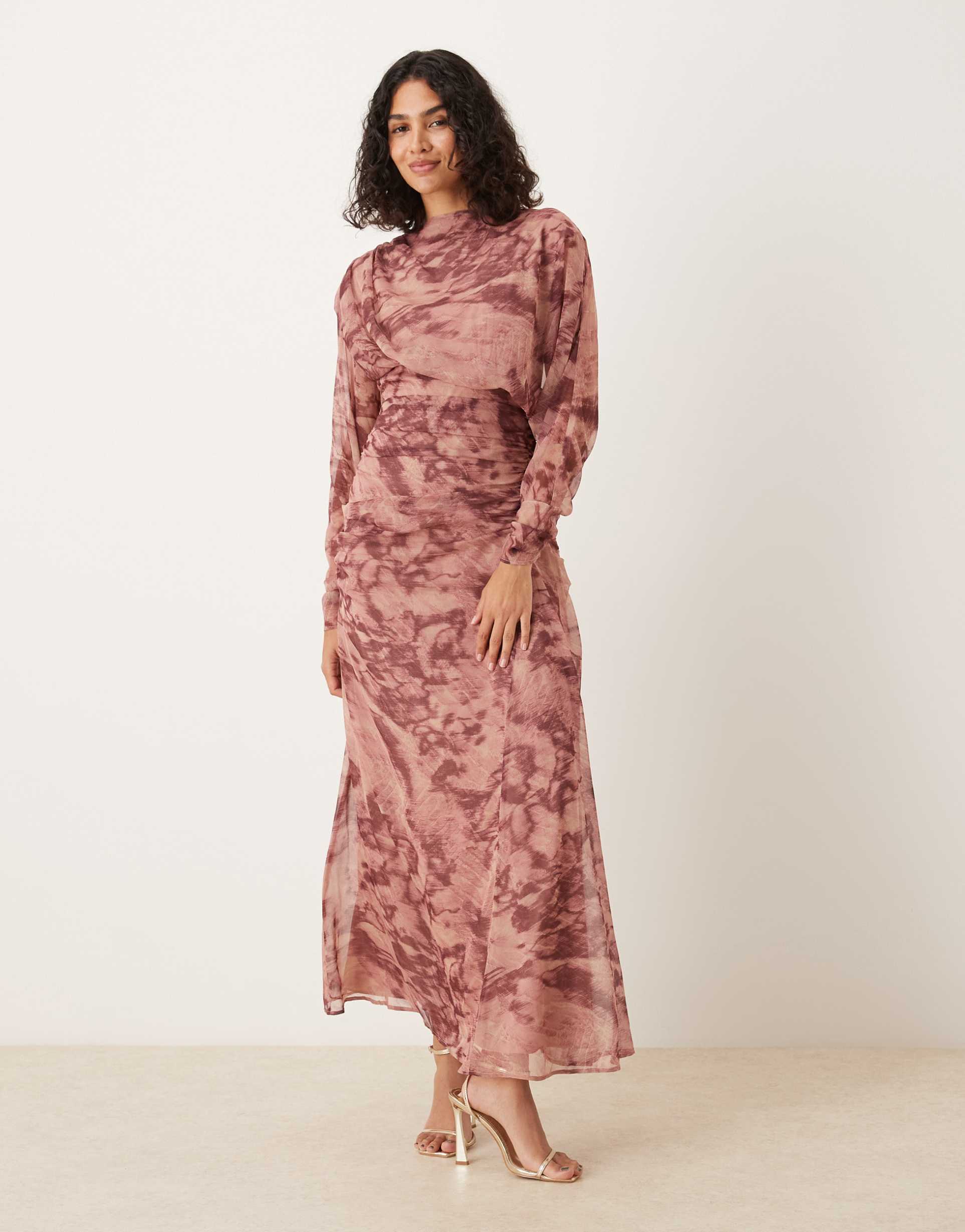 asos design blouson ruched detail maxi dress in abstract print