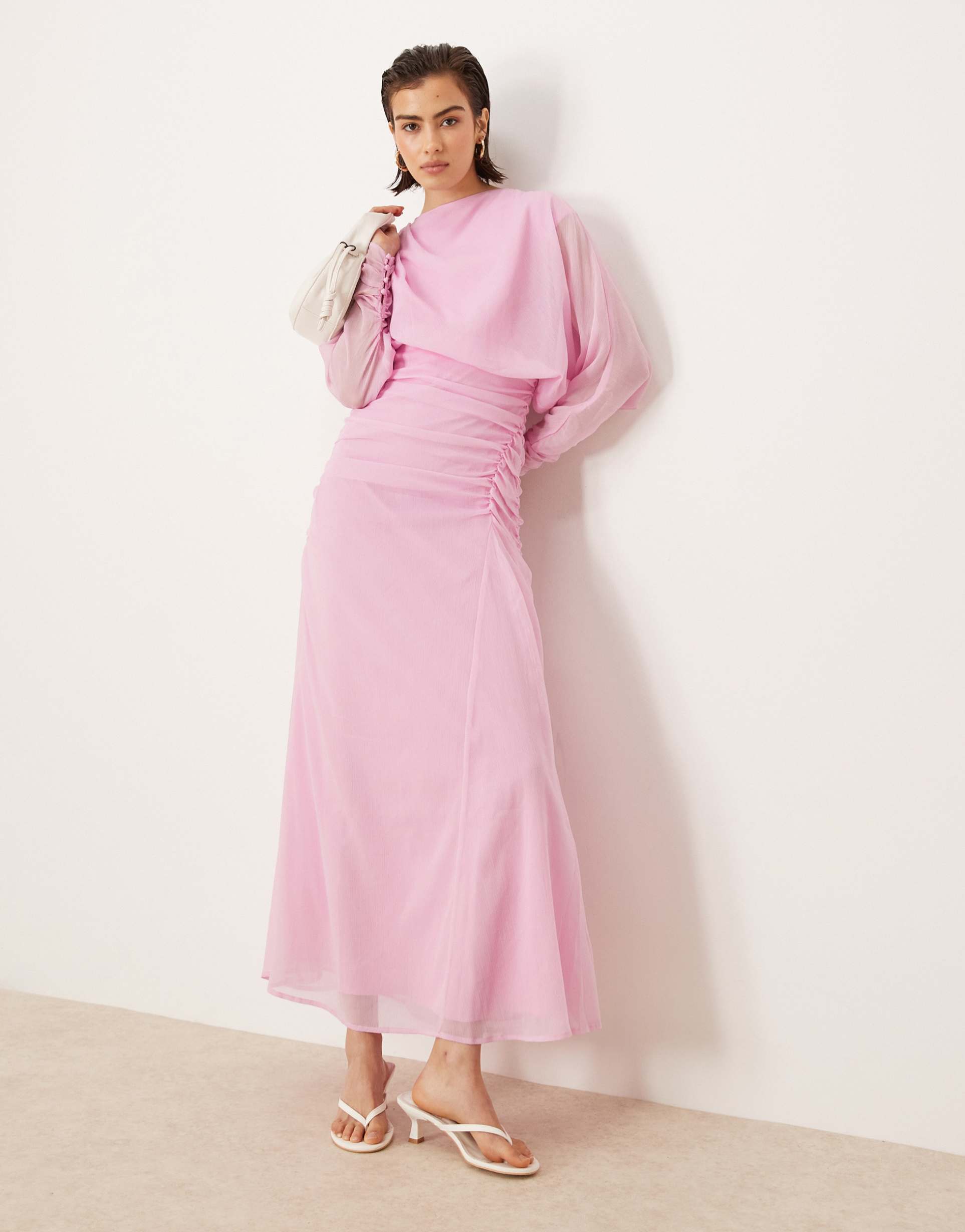 asos design blouson ruched detail maxi dress in pink