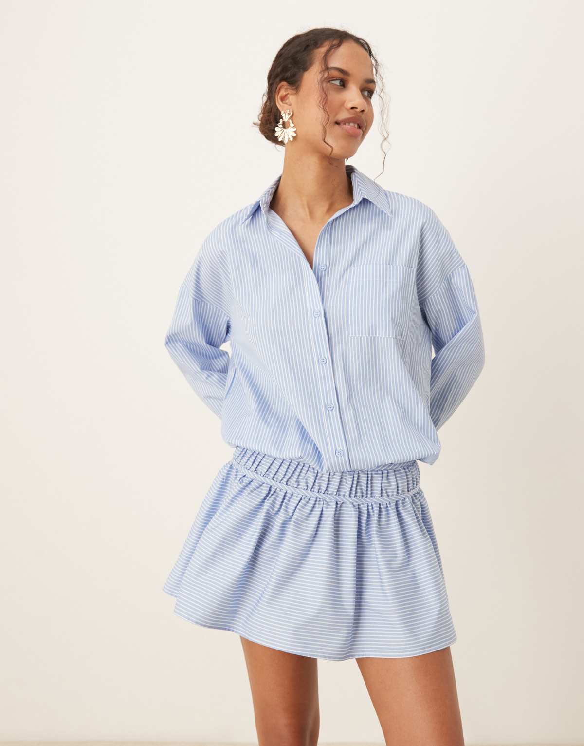 ASOS DESIGN blouson shirt mini dress with dropped waist in blue and white stripe