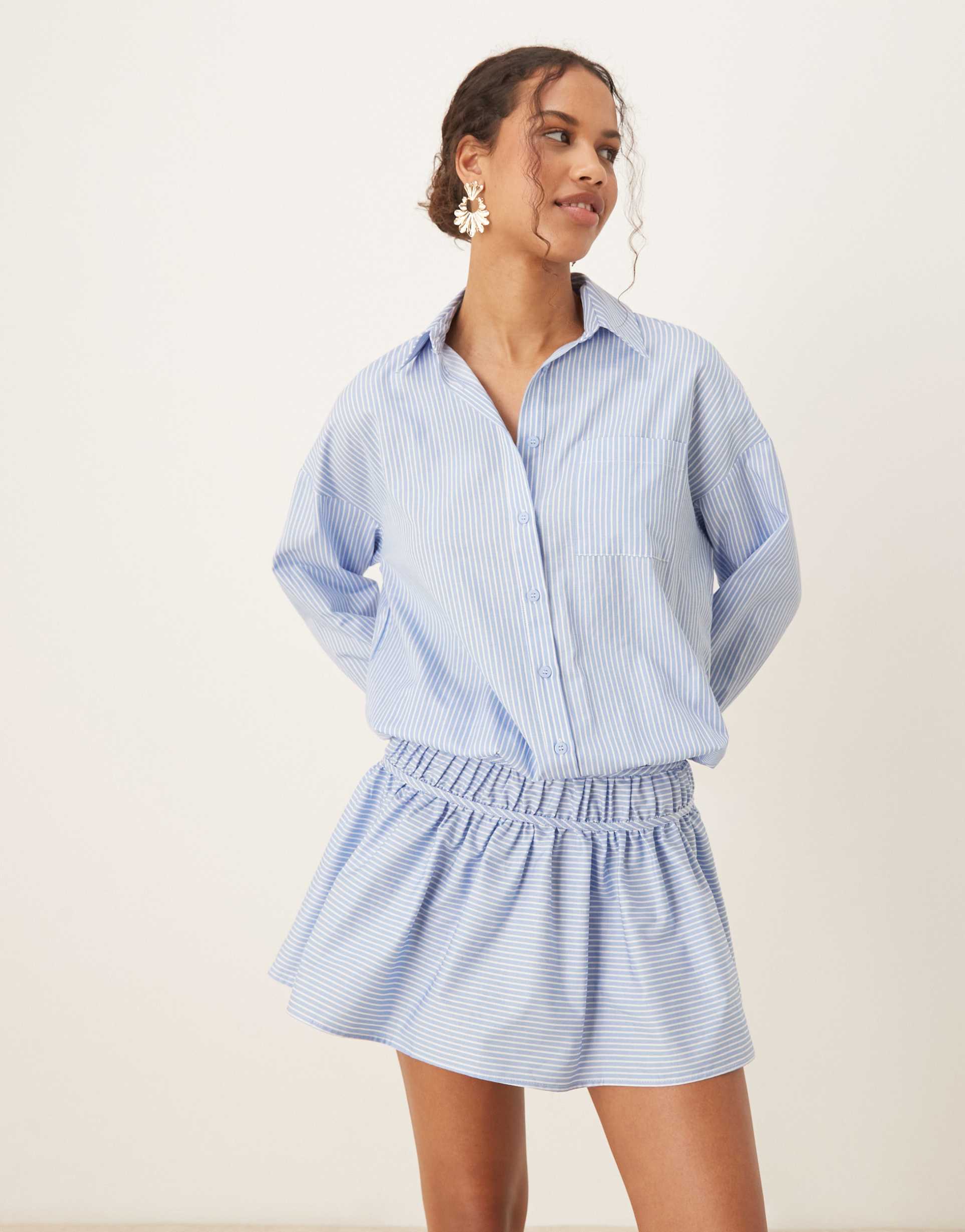 asos design blouson shirt mini dress with dropped waist in blue and white stripe