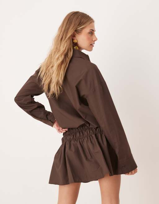 ASOS DESIGN blouson shirt mini dress with dropped waist in mole brown, 3 of 4