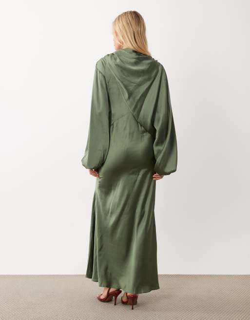 ASOS DESIGN blouson sleeve asymmetric satin maxi dress in olive green, 2 of 4