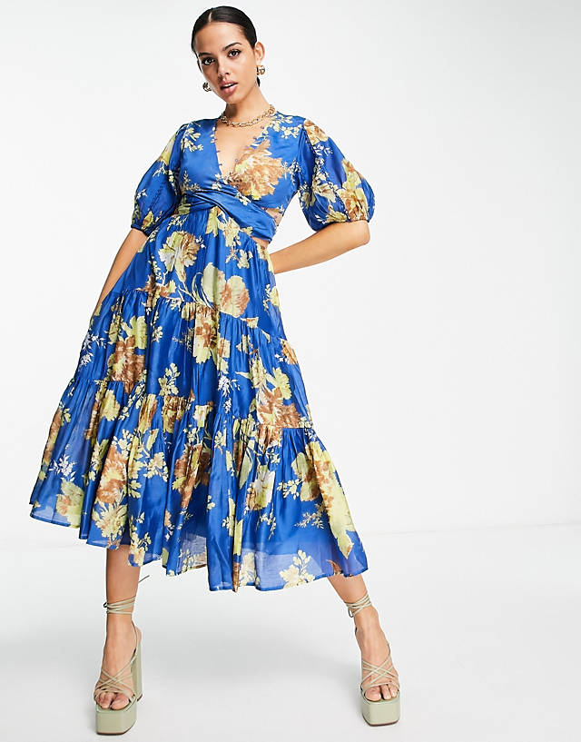 ASOS DESIGN blouson sleeve midi dress with lace detail and open back in blue floral