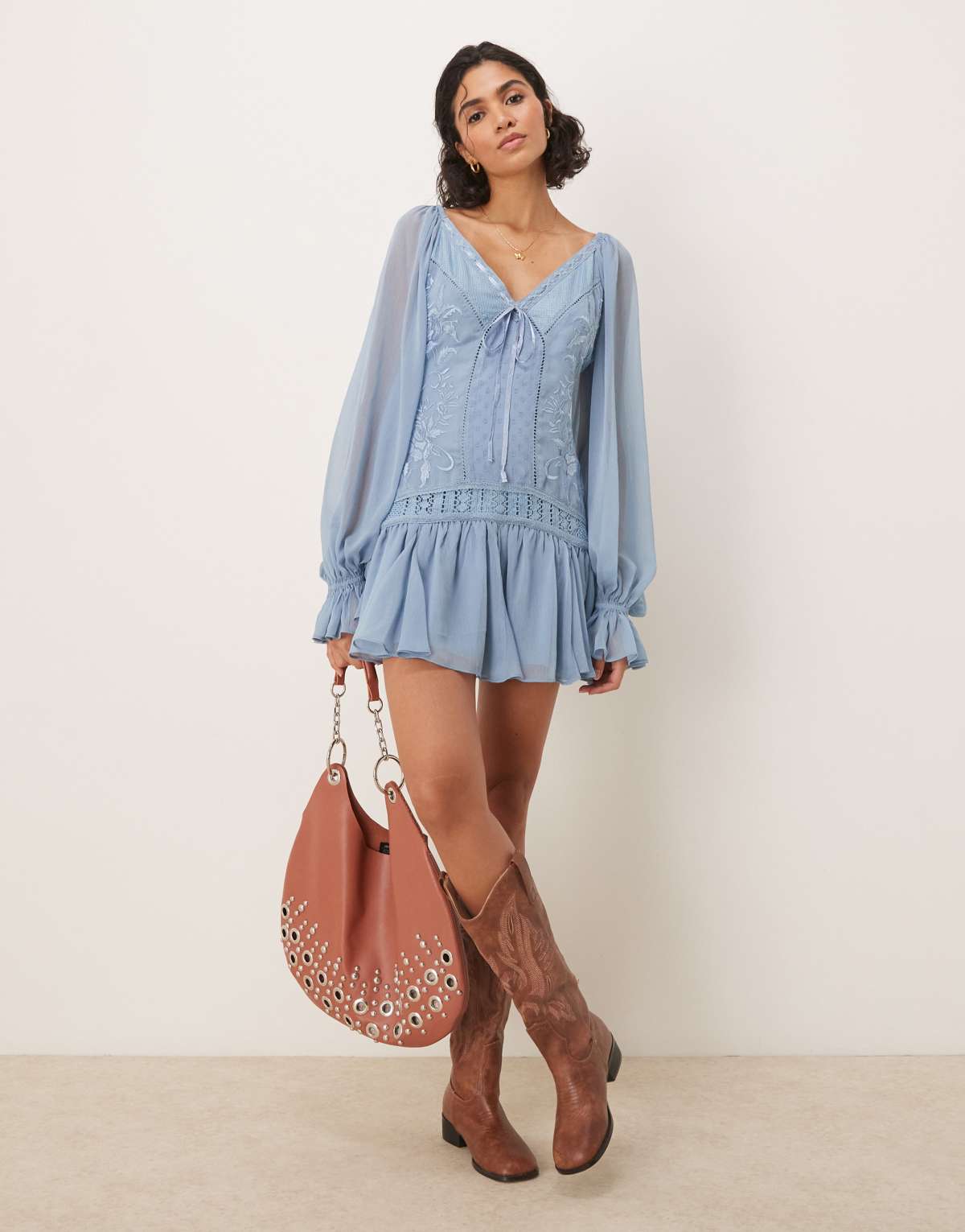 ASOS DESIGN blouson sleeve mini dress with dobby & embroidery detail in blue