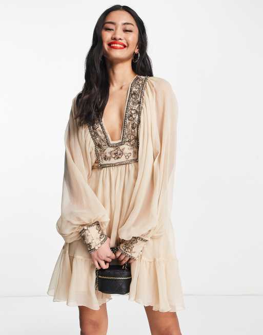 ASOS DESIGN blouson sleeve mini dress with floral embellished bodice detail  in stone