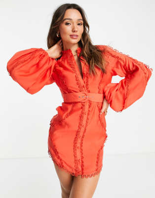 ASOS DESIGN blouson sleeve mini dress with lace detail and belt in red