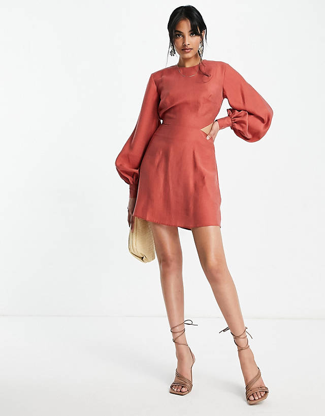 ASOS DESIGN blouson sleeve mini dress with open back in washed textured fabric