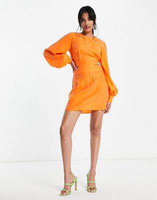 ASOS DESIGN blouson sleeve mini dress with open back in washed textured fabric